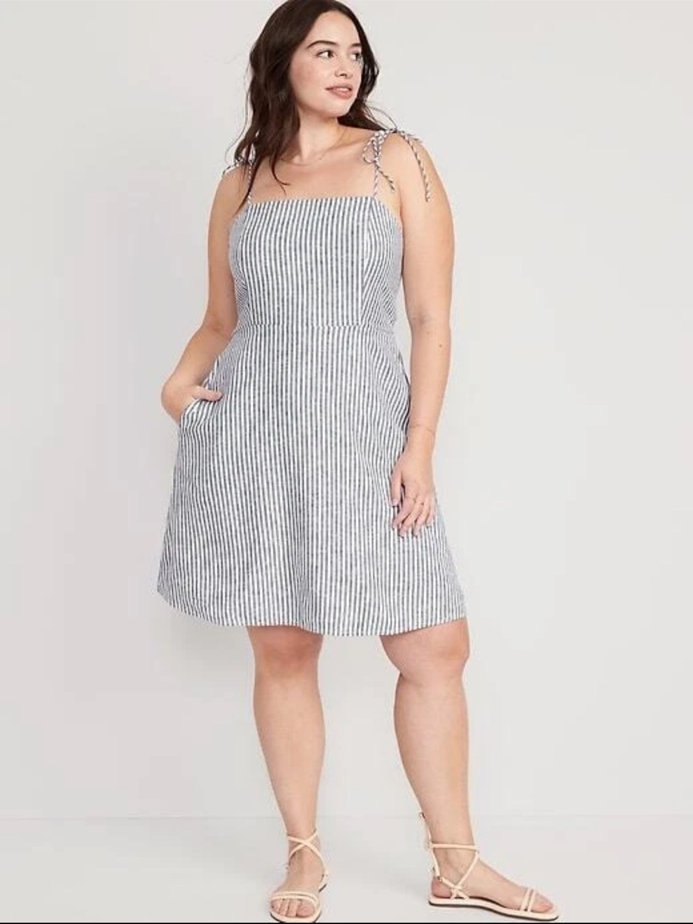 Old Navy Linen Blend Blue Striped Dress with Pockets-Tall